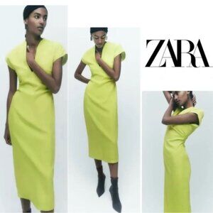 Zara Womens lime green short sleeve V-neck bodycon Cocktail Dress Sz S NWOT